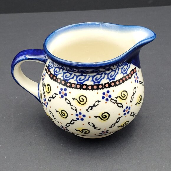 Polish Pottery Bubble Creamer Boleslawiec Blue Yellow Swirl Small Pitcher - Picture 1 of 8